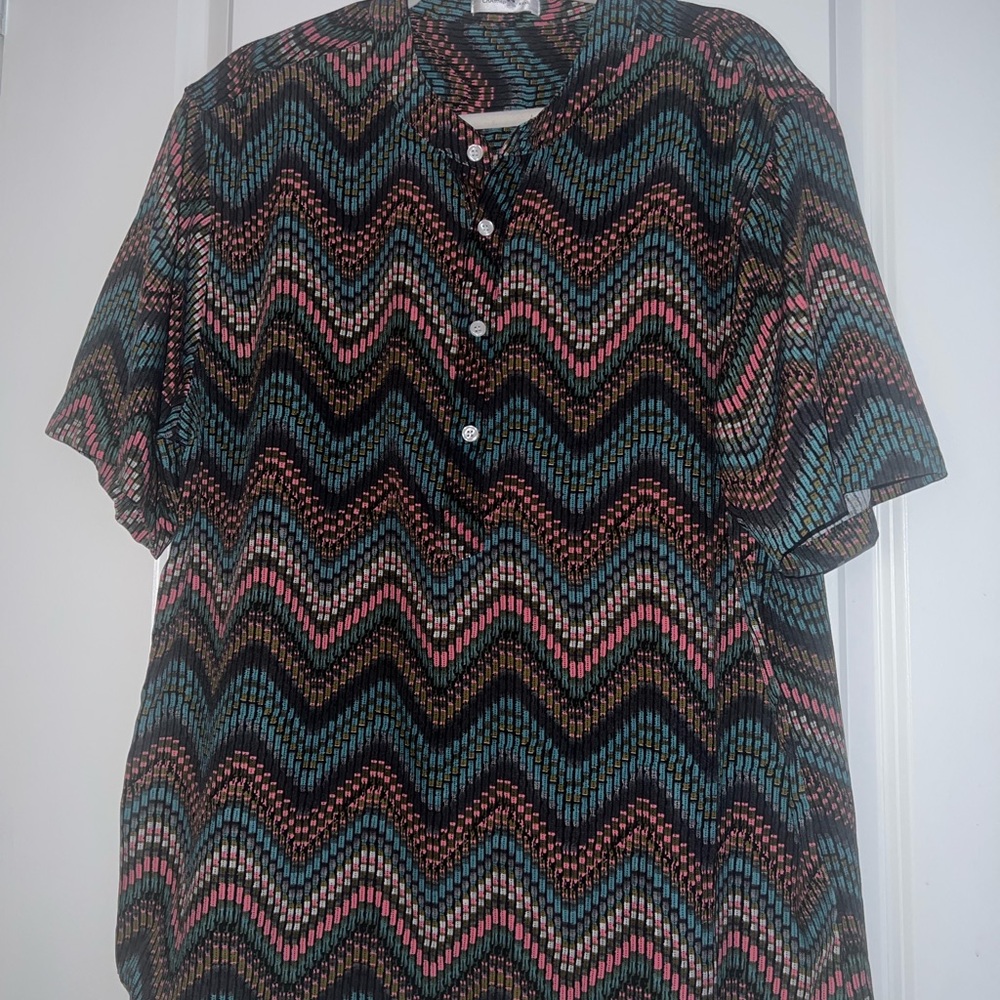 Mens Multicolored Short Sleeve Button Down Shirt with Mandarin Collar